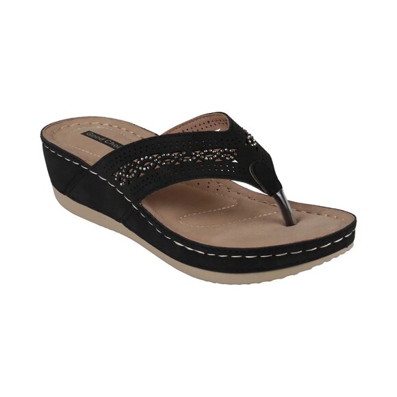 GC Shoes Women's Bari Thong Wedge Sandals Black Size 7.5M - Picture 1 of 5